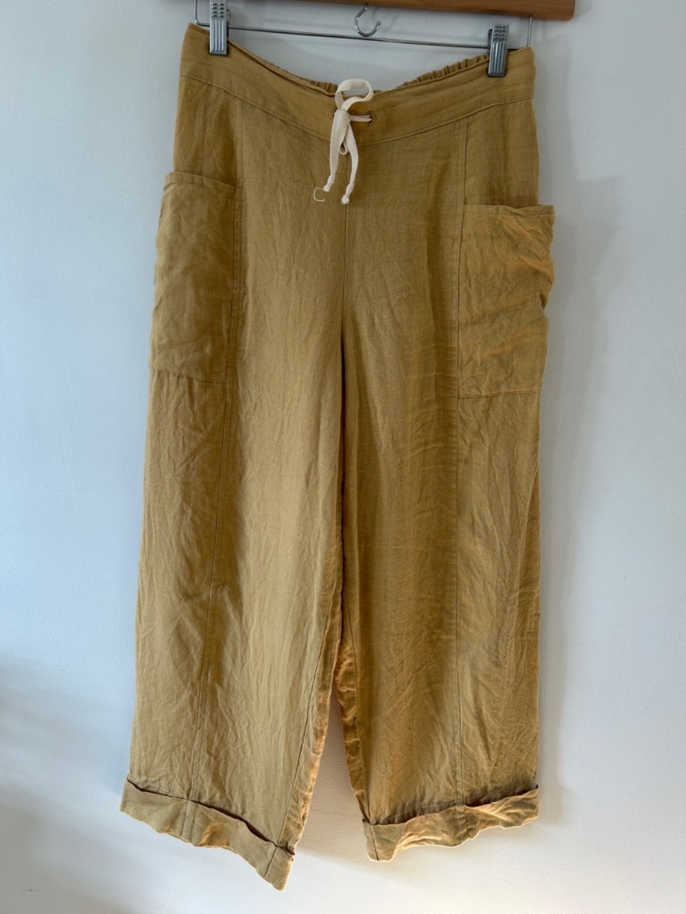 Flax Linen Wide-Leg Pants Women’s S Mustard Yellow Elastic Waist Beach Casual - Picture 12 of 16